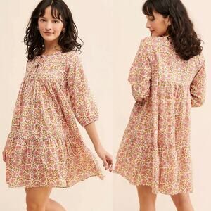 Maelu Designs Willow Mini Dress Pink Cream Floral Flowy 3/4 Sleeve Boho Sz L